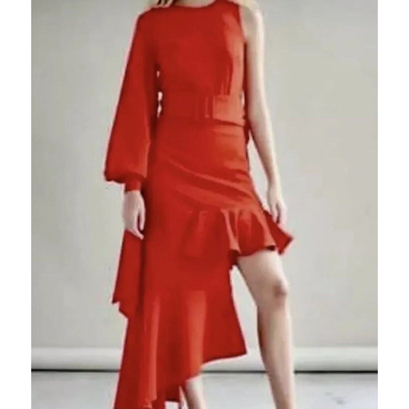 Style Mafia Belted Asymmetrical Ruffle Hi-Low Formal Dress Red Women's Size L - Picture 1 of 5